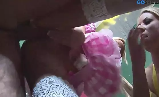 Blonde Bows Threesome Giving Him More Than Just a Blowjob, Clit Sucking and Double Penetration Orgies